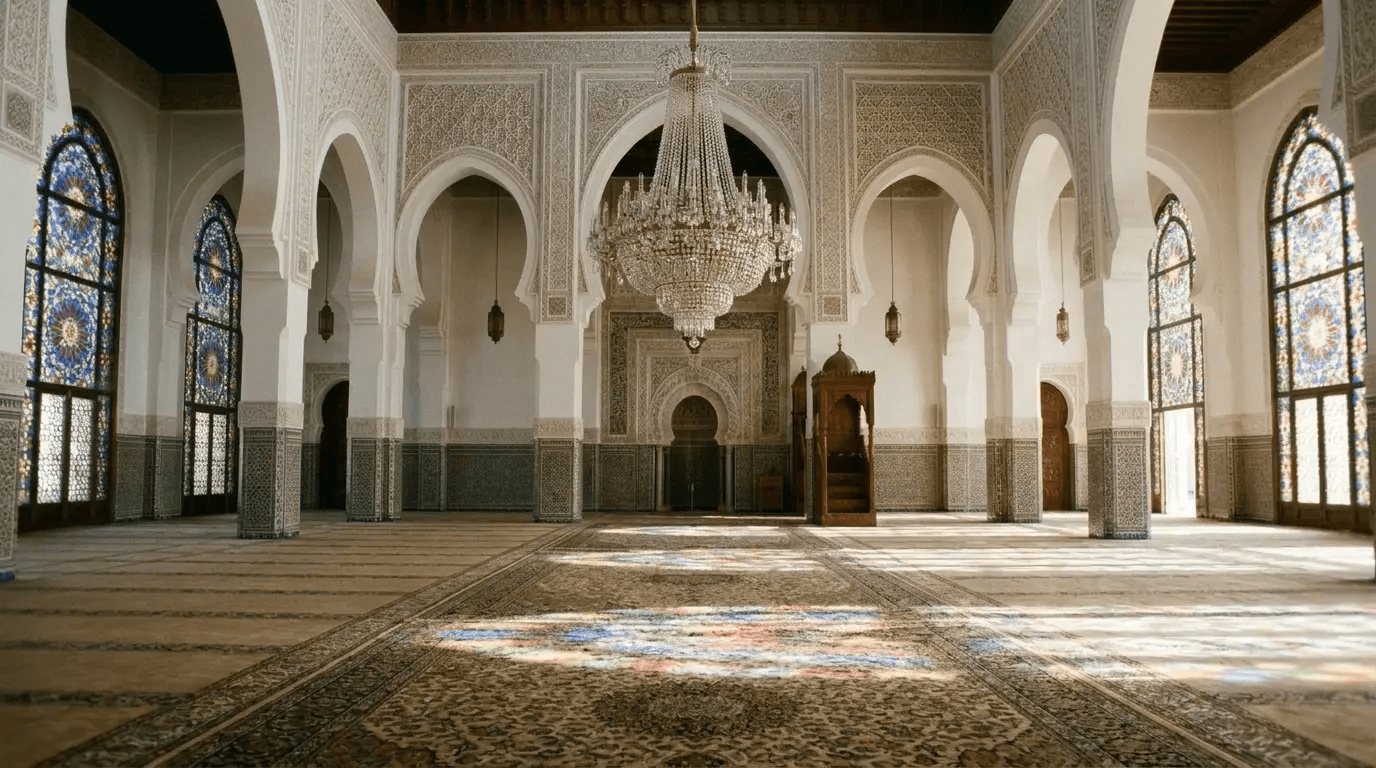 Ornate masjid interior with a crystal chandelier