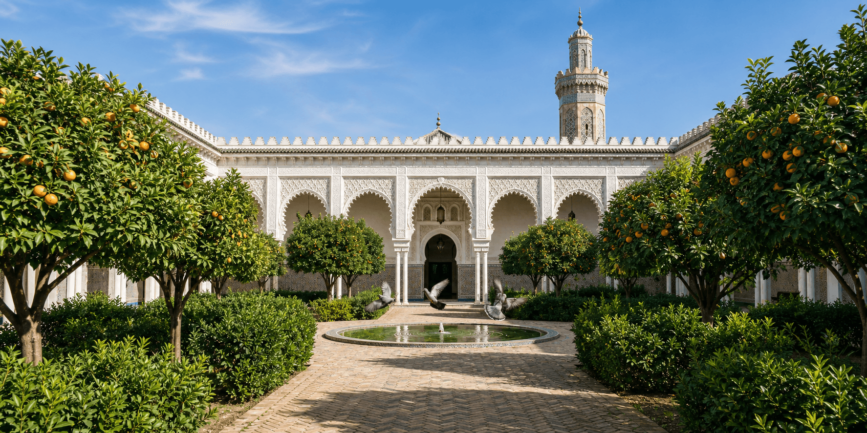 Masjid courtyard surrounded by orange trees