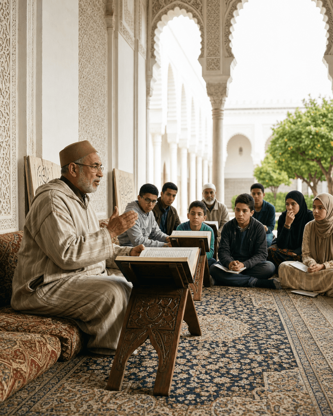 A Quran lesson beneath the masjid arches
